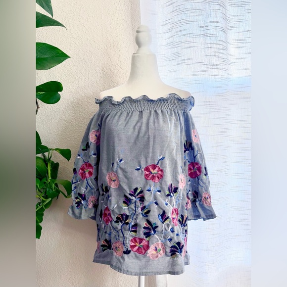 Ana & Rose Tops - Ana & Rose Floral Embroidered Denim Look Off-Shoulder Top